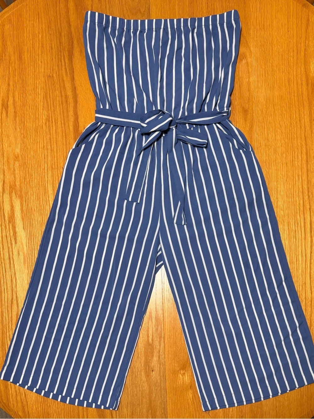 Forever 21 Navy and White Striped Strapless Jumpsuit with Waist Tie